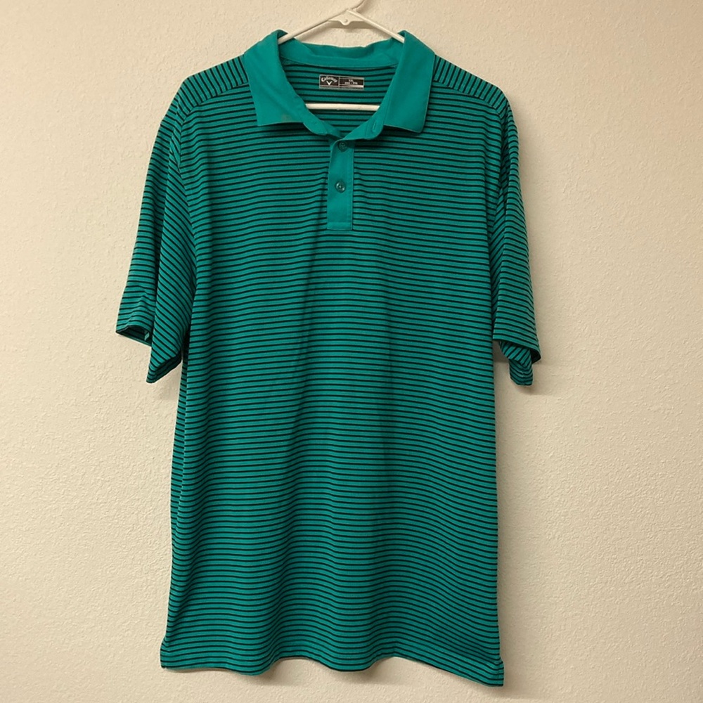 Callaway Men’s Size XXL Golf Polo Green Black Stripped 3 Button Closure Collared